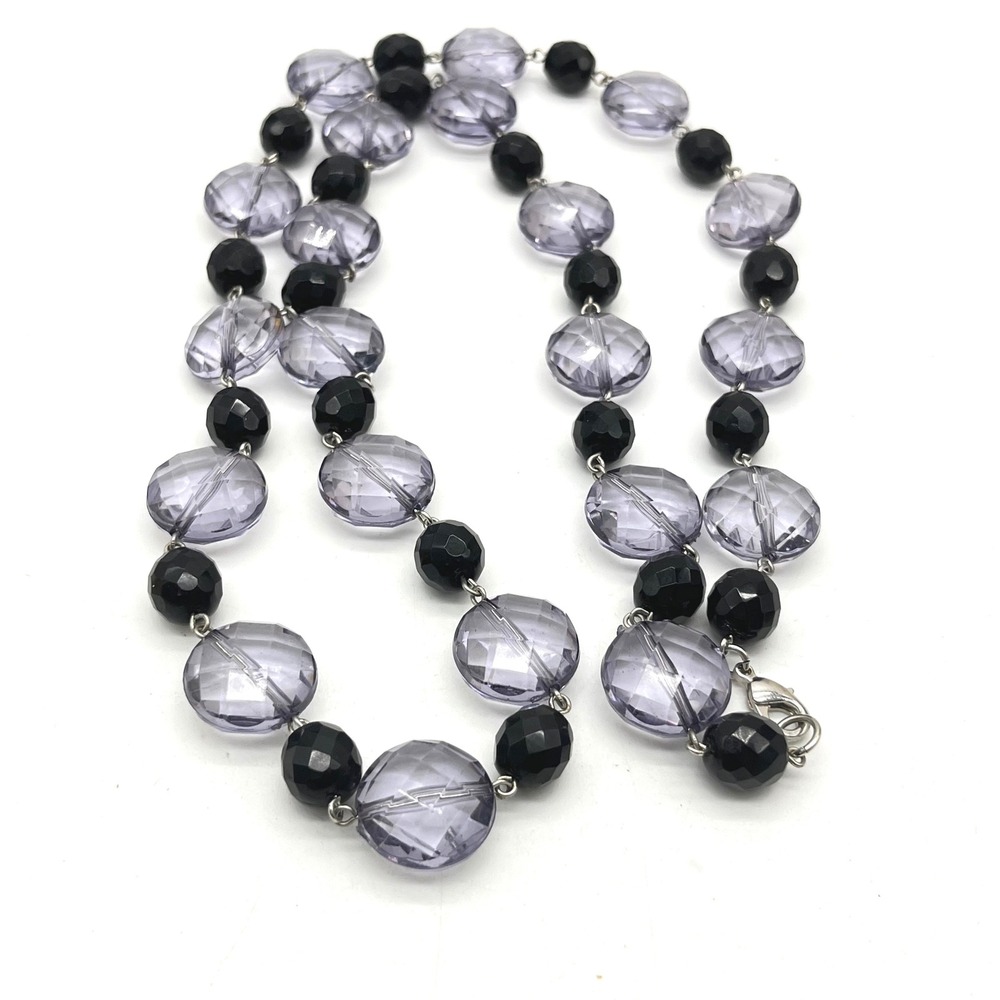 Vintage Lavender and Black Faceted Bead Long Layering Necklace Silver Tone Clasp